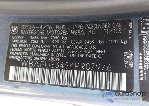 2004 BMW 325Xi z USA, uszkodzony, nr VIN WBAEU33454PR07976